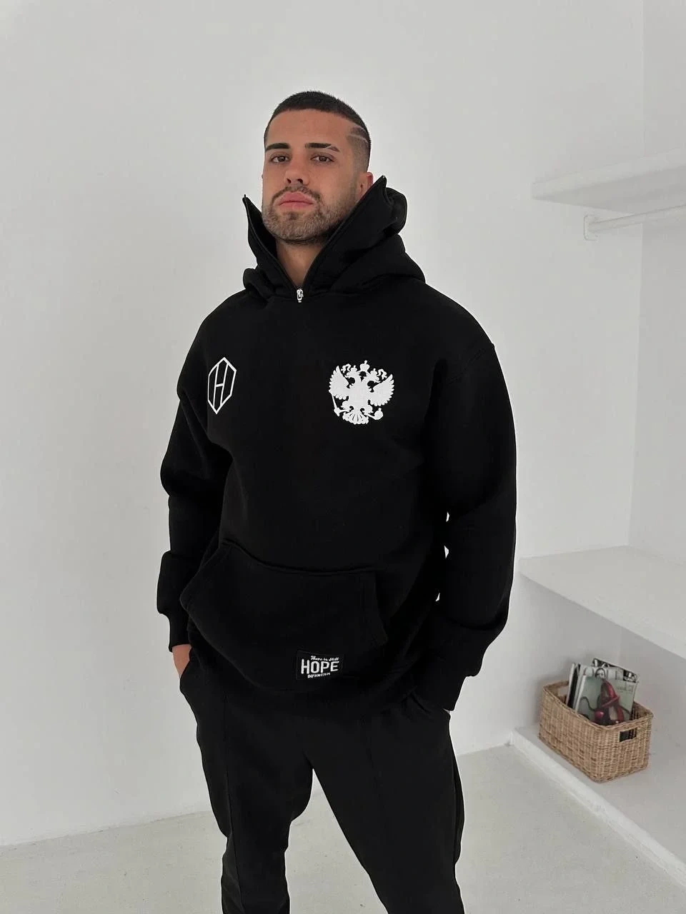 Samuray Ninja Çift Kapşonlu ZIP Fermuarlı Kanguru Çepli Tam Fermuarlı Hoodie ön ve Arka Baskılı Maske Detaylı Swetshirt - Siyah