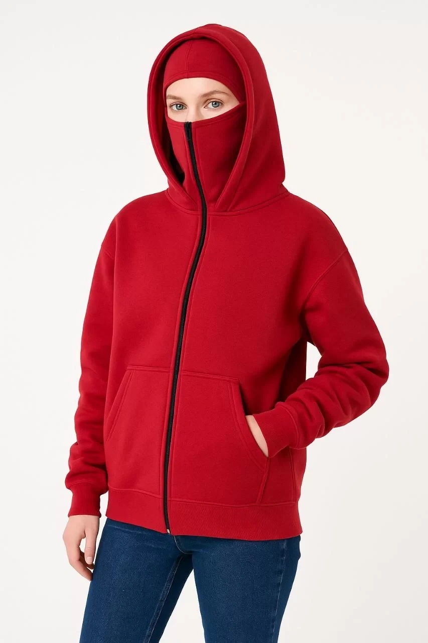 Samuray Ninja Çift Kapüşonlu Kadın Hoodie Oversize Kanguru Cepli, Bahar & Kışlık Fermuarlı Sweatshirt- Kırmızı