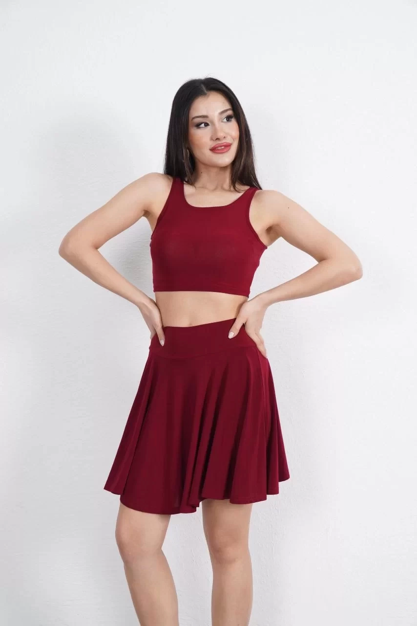 Sendy Kumaş Bisiklet Yaka Crop Şortlu Etek ikili Takım - Bordo