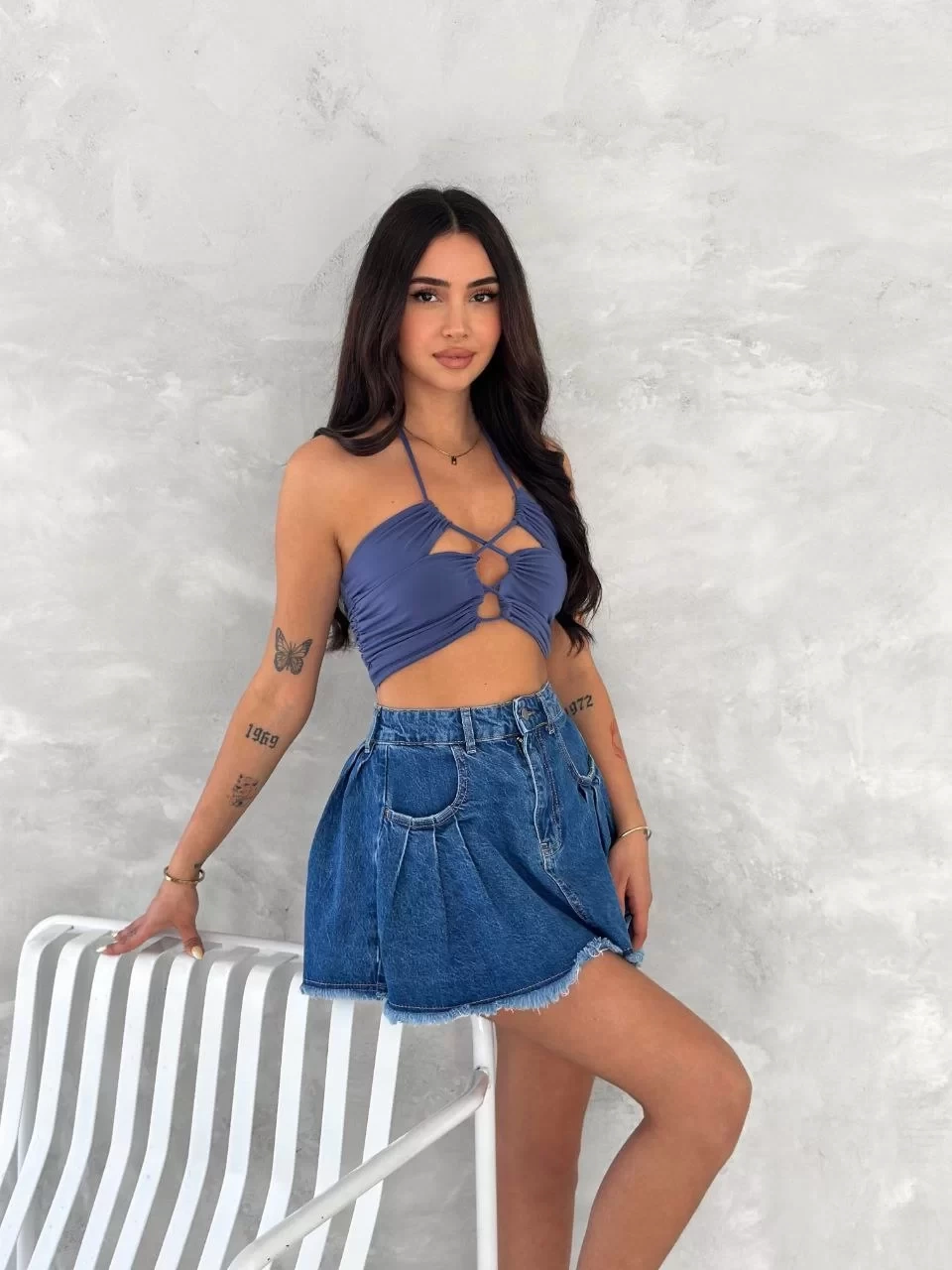 Şık Pileli Yazlık Mini Etekli Kot- Saks Mavisi
