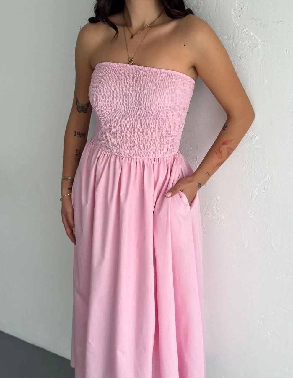 Straplez Pileli Elbise - Pembe