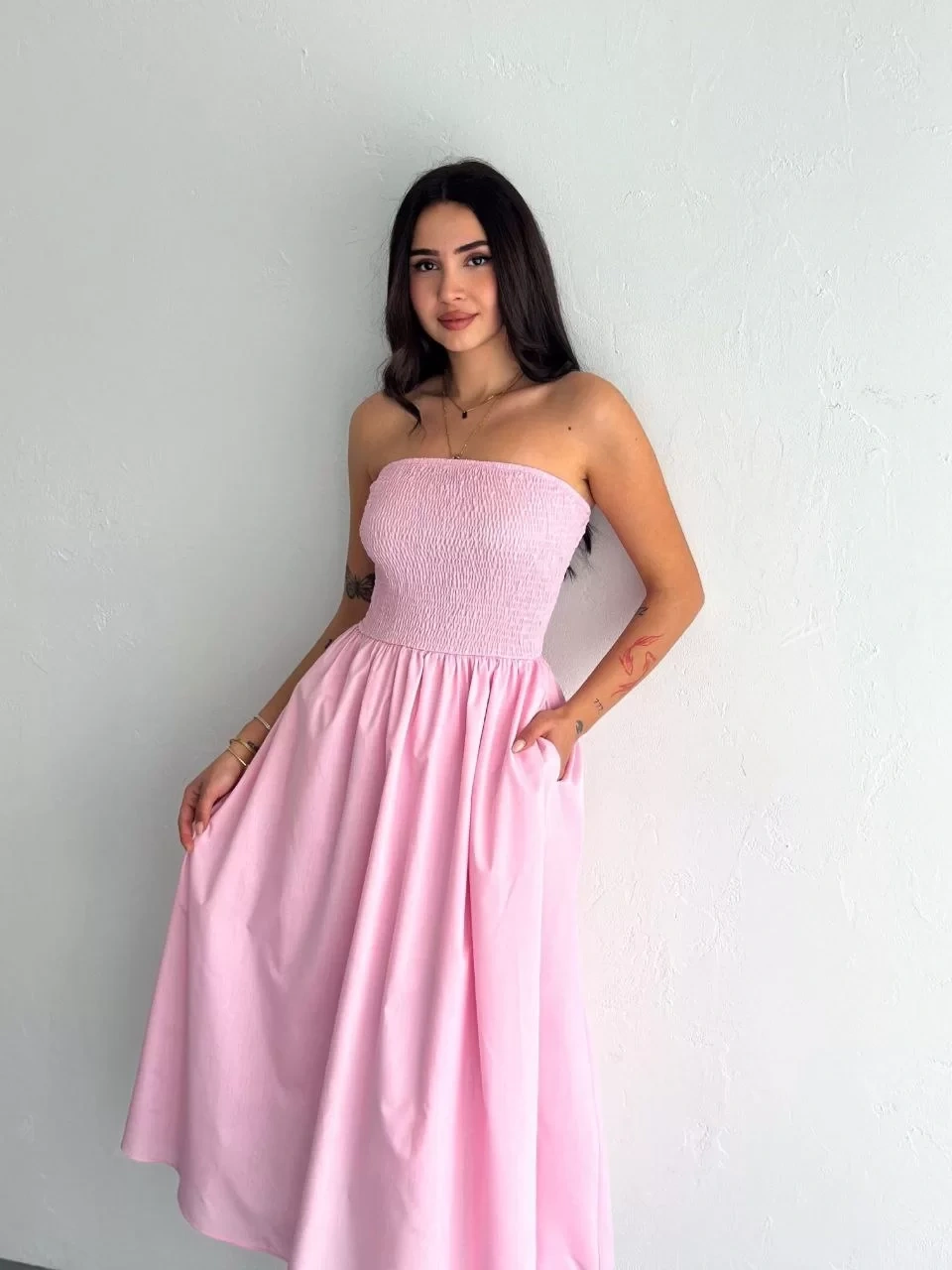 Straplez Pileli Elbise - Pembe