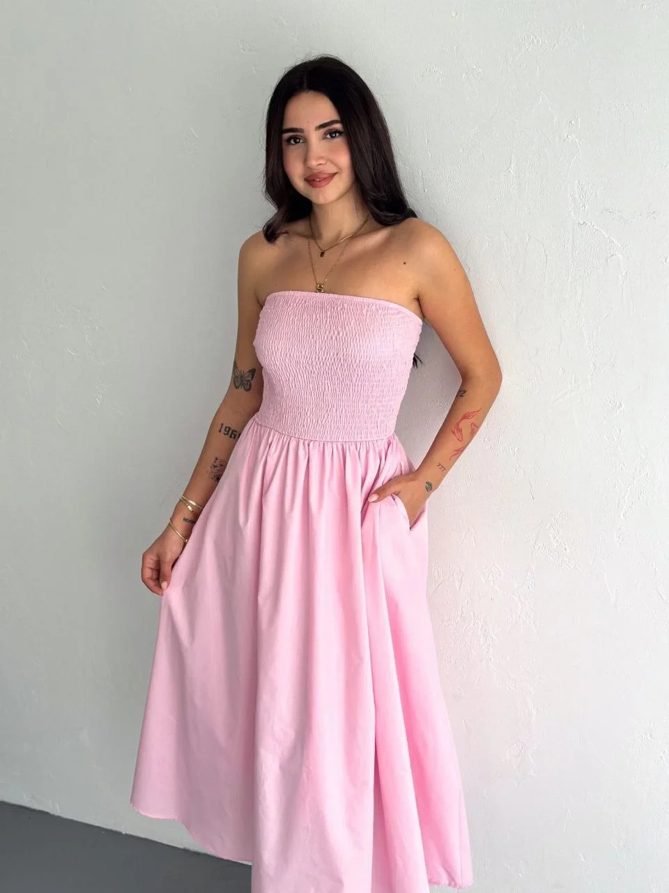 Straplez Pileli Elbise - Pembe