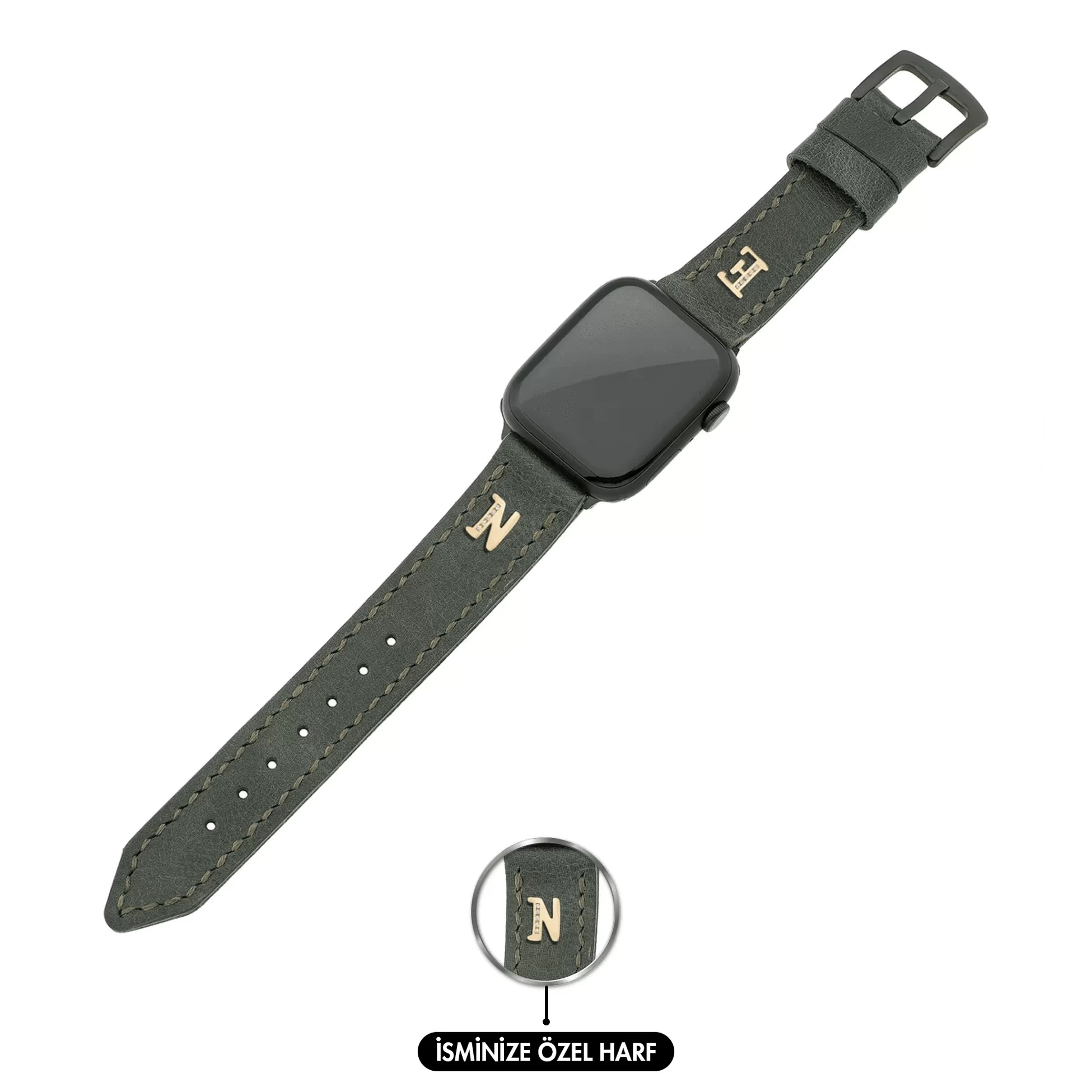 İsme Özel El Dikişli Apple Watch Saat Kordonu - %100 Çift Kat Deri - AG03001 - Haki