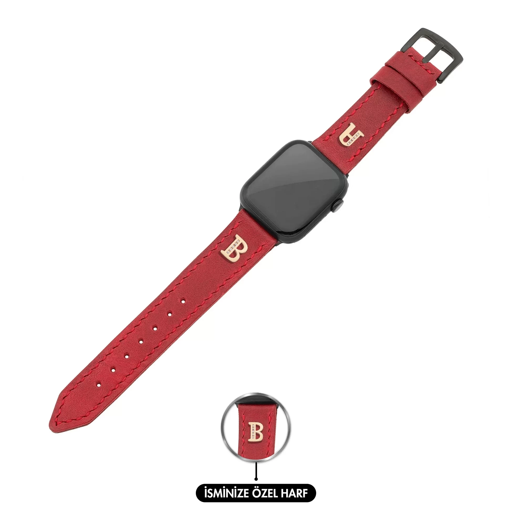 İsme Özel El Dikişli Apple Watch Saat Kordonu - %100 Çift Kat Deri - AG03001 - Kırmızı