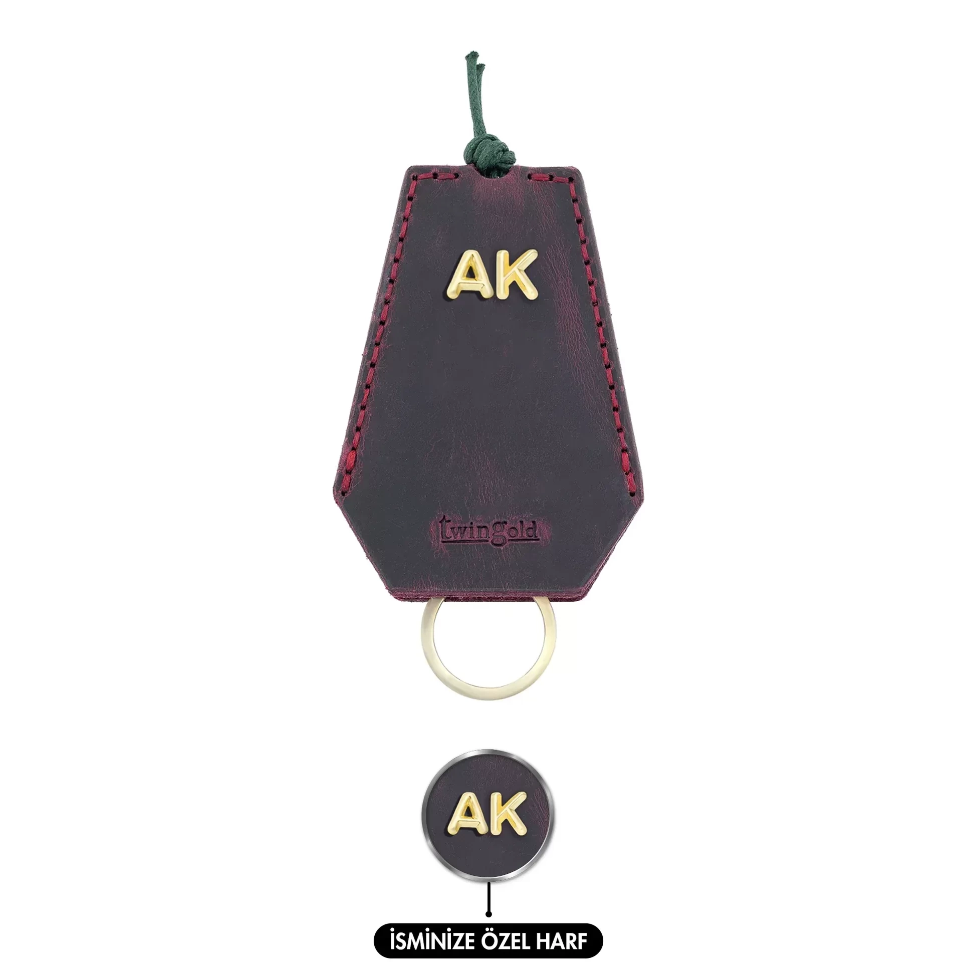İsme Özel İpli Anahtarlık - % 100 Rainbow Deri - AG01002 - Bordo