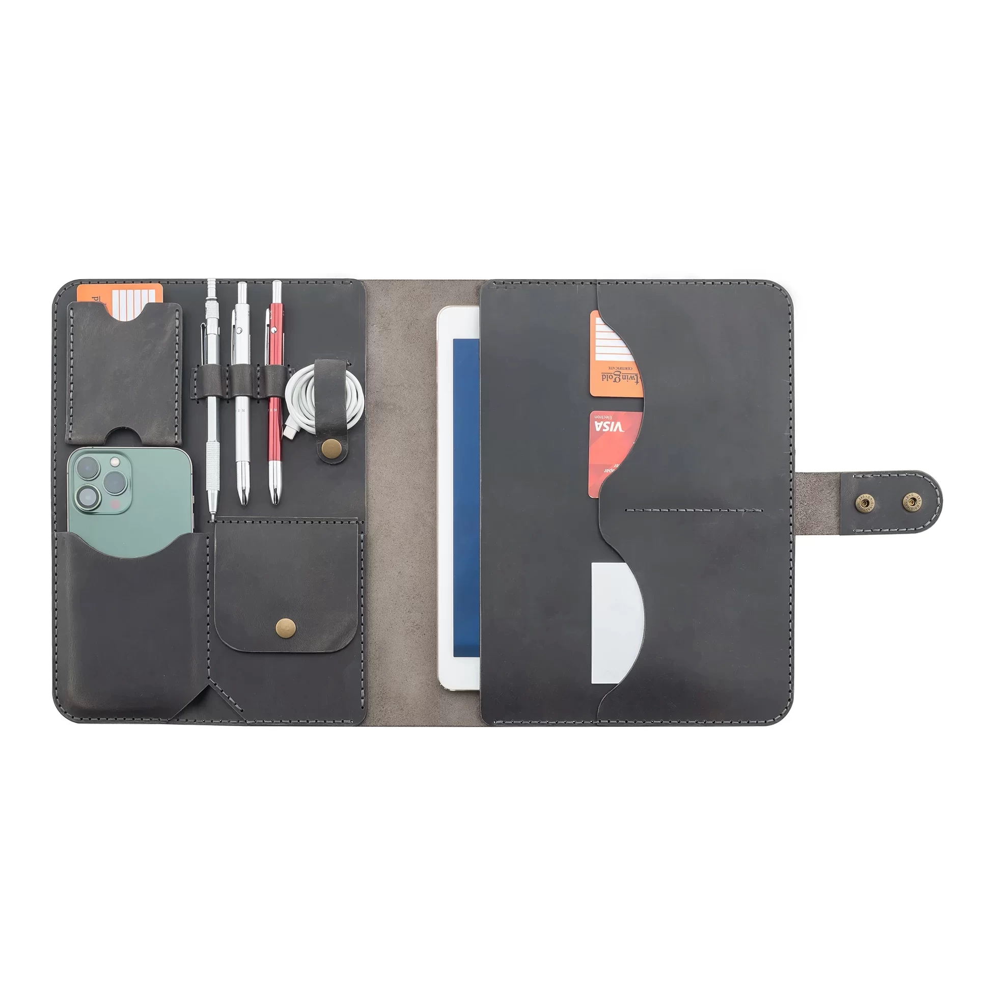 İsme Özel Çıtçıtlı Fonksiyonlu iPad Organizer - %100 Crazy Deri - ET01004 - Antrasit