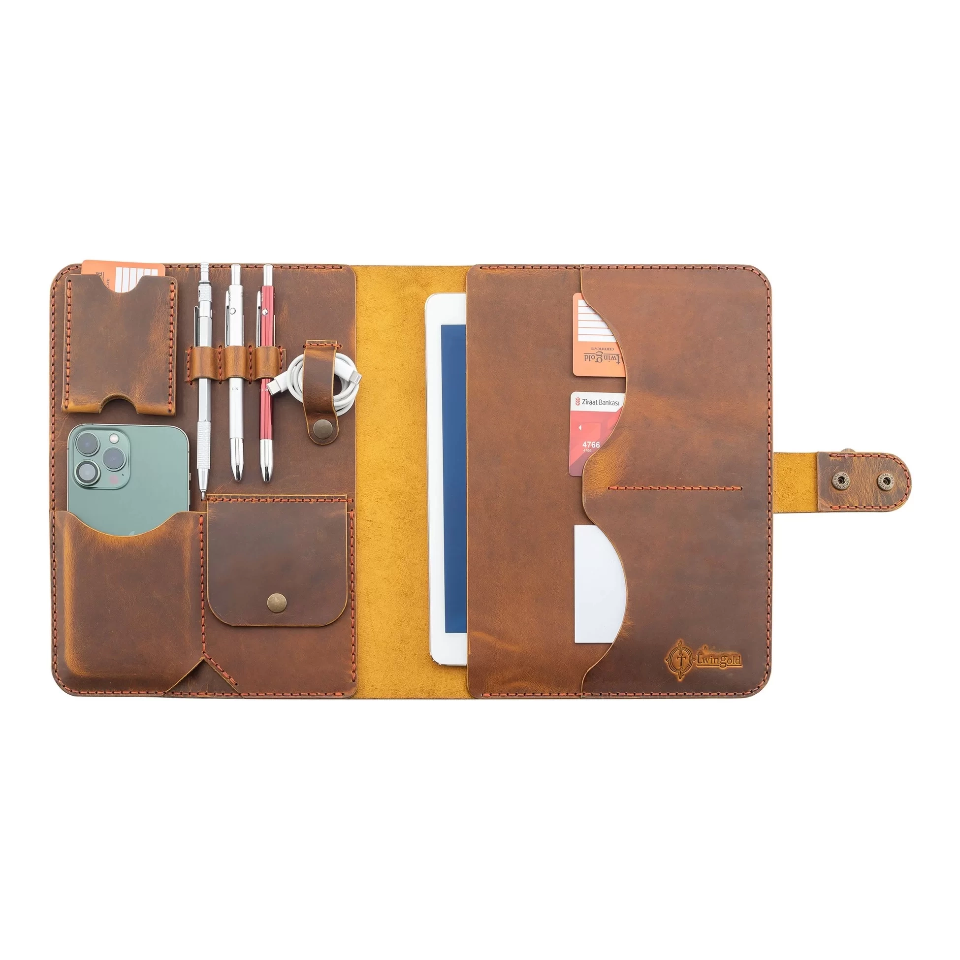 İsme Özel Çıtçıtlı Fonksiyonlu iPad Organizer - %100 Crazy Deri - ET01004 - Taba