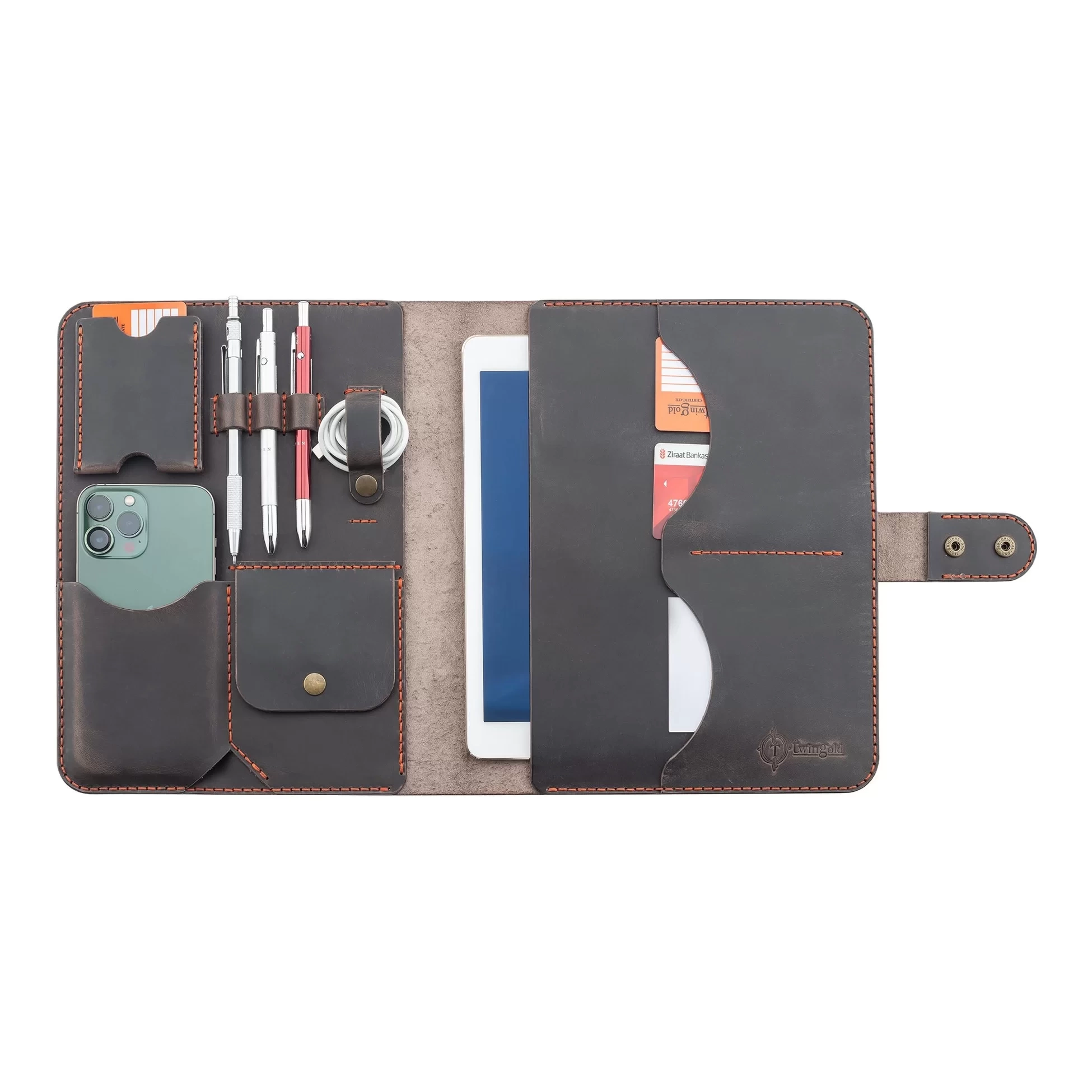 İsme Özel Çıtçıtlı Fonksiyonlu iPad Organizer - %100 Crazy Deri - ET01004 - Kahverengi