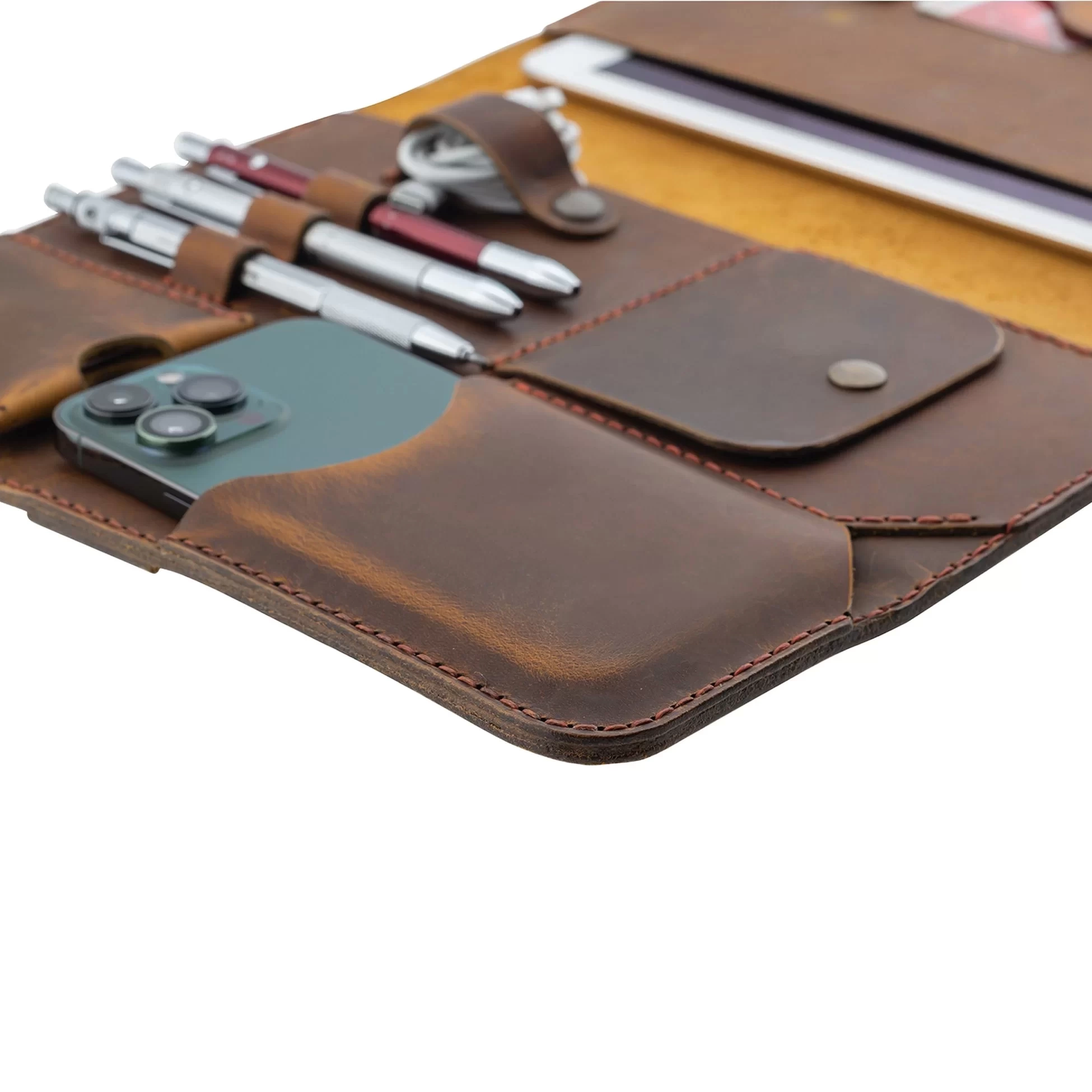 İsme Özel Çıtçıtlı Fonksiyonlu iPad Organizer - %100 Crazy Deri - ET01004 - Taba