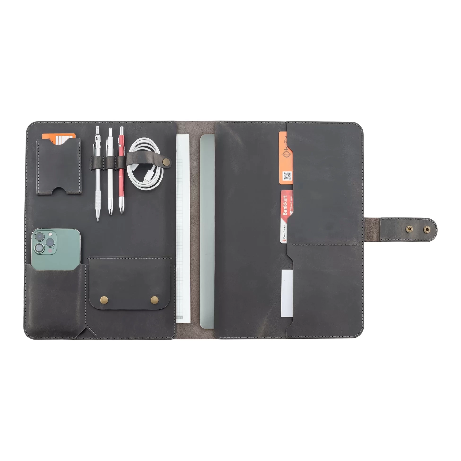 İsme Özel Çıtçıtlı Fonksiyonlu Macbook Organizer - %100 Crazy Deri - ET02004 - Antrasit