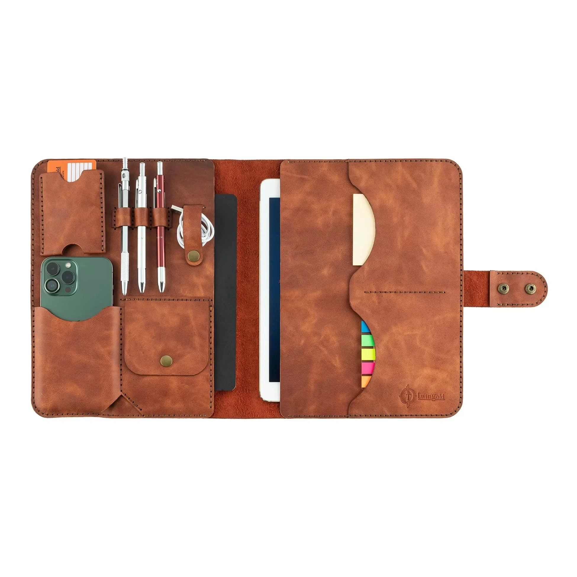 İsme Özel Çıtçıtlı Fonksiyonlu iPad Organizer - %100 Rainbow Deri - ET01002 - Tobacco