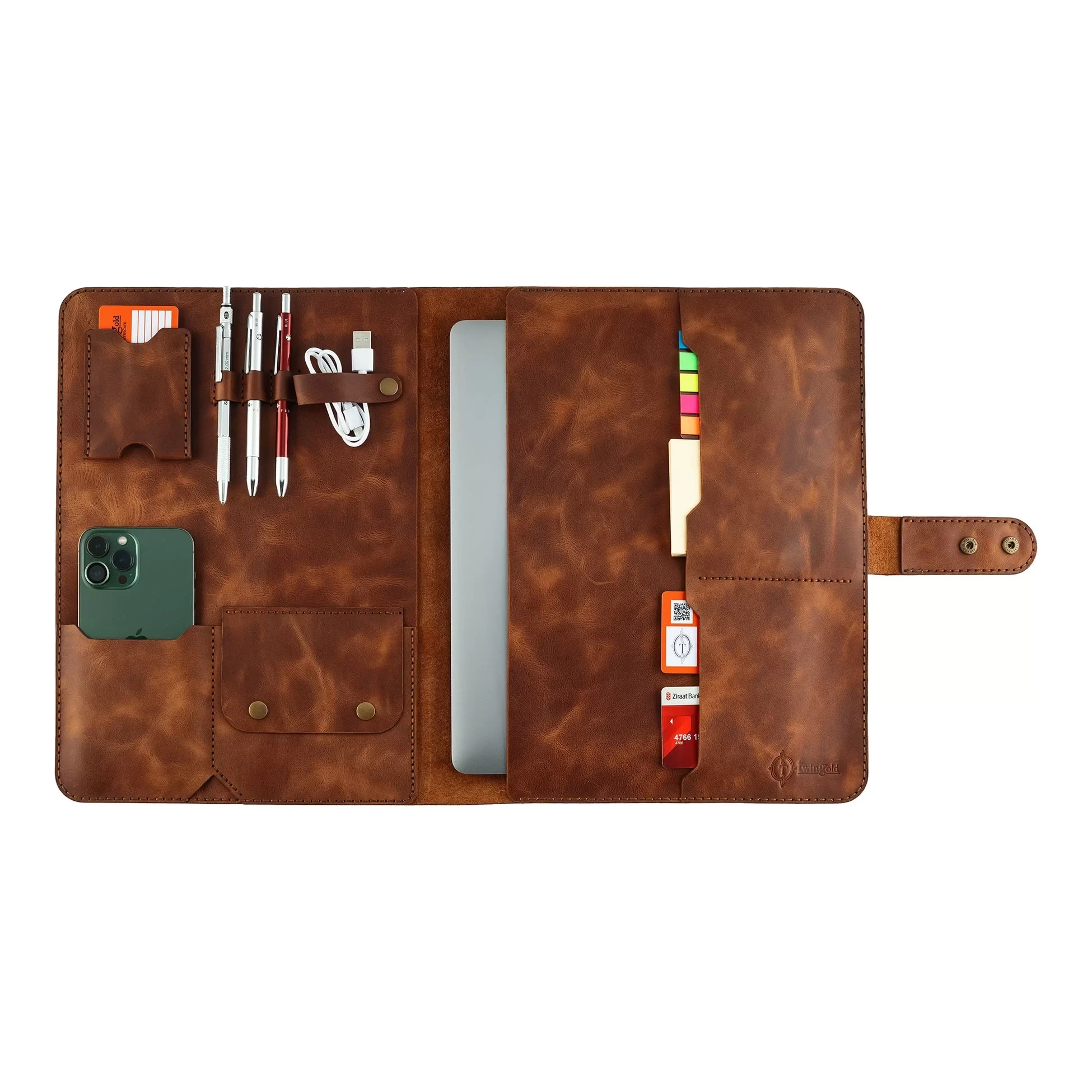İsme Özel Çıtçıtlı Fonksiyonlu Macbook Organizer - %100 Rainbow Deri - ET02001 - Kahverengi