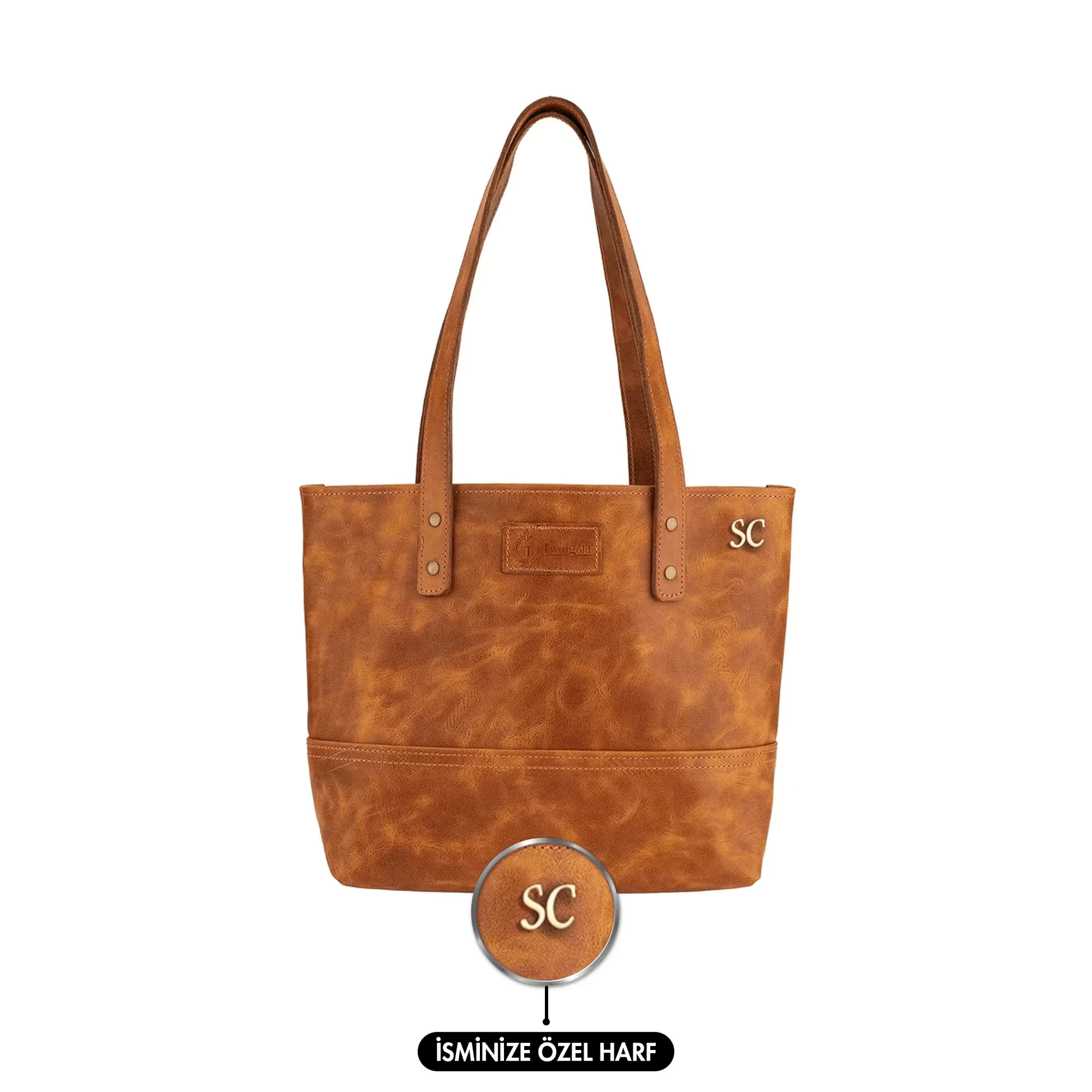 İsme Özel Tote Bag El Omuz Çantası - %100 Rainbow Deri - AC03003 - Camel