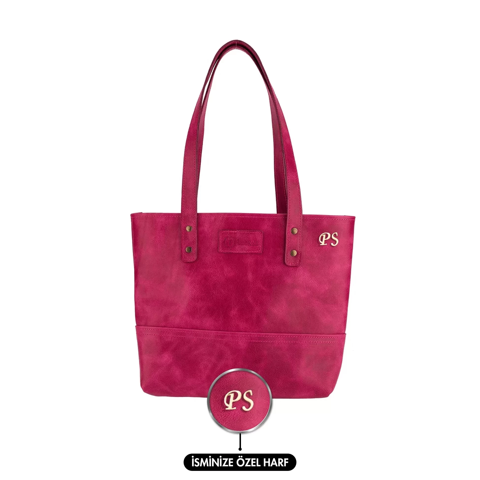 İsme Özel Tote Bag El Omuz Çantası - %100 Rainbow Deri - AC03003 - Fuşya