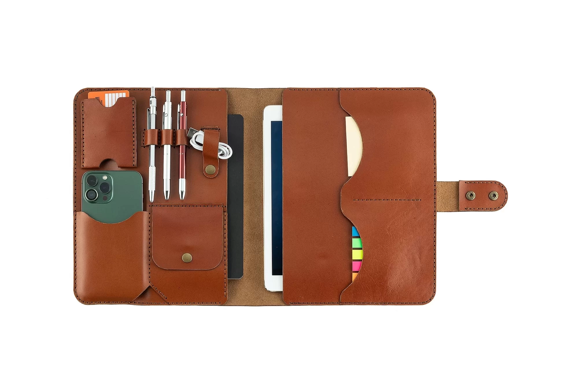 İsme Özel Çıtçıtlı Fonksiyonlu iPad Organizer - %100 Tiesto Deri - ET01003 - Tobacco