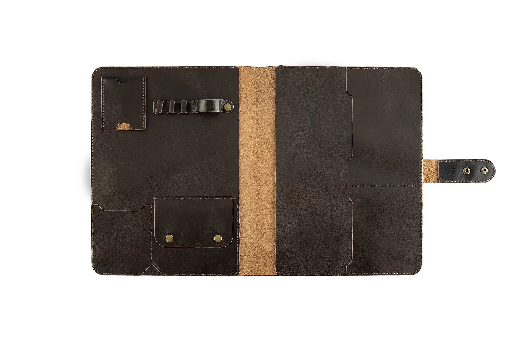 İsme Özel Çıtçıtlı Fonksiyonlu iPad Organizer - %100 Tiesto Deri - ET01003 - Koyu Kahverengi