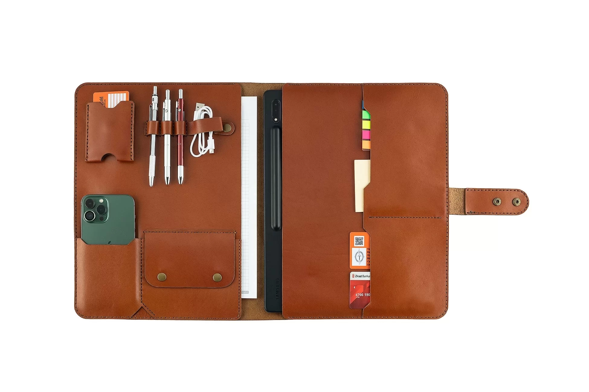 İsme Özel Çıtçıtlı Fonksiyonlu Macbook Organizer - %100 Tiesto Deri - ET02003 - Tobacco
