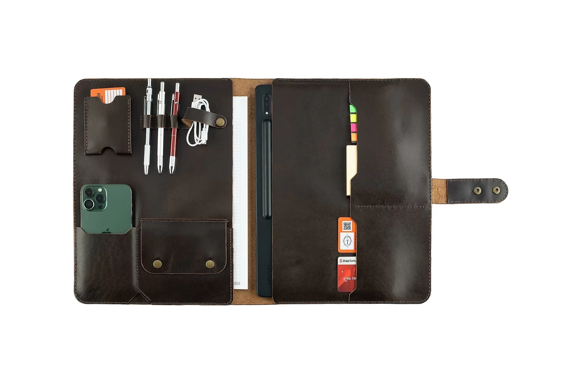 İsme Özel Çıtçıtlı Fonksiyonlu Macbook Organizer - %100 Tiesto Deri - ET02003 - Koyu Kahverengi