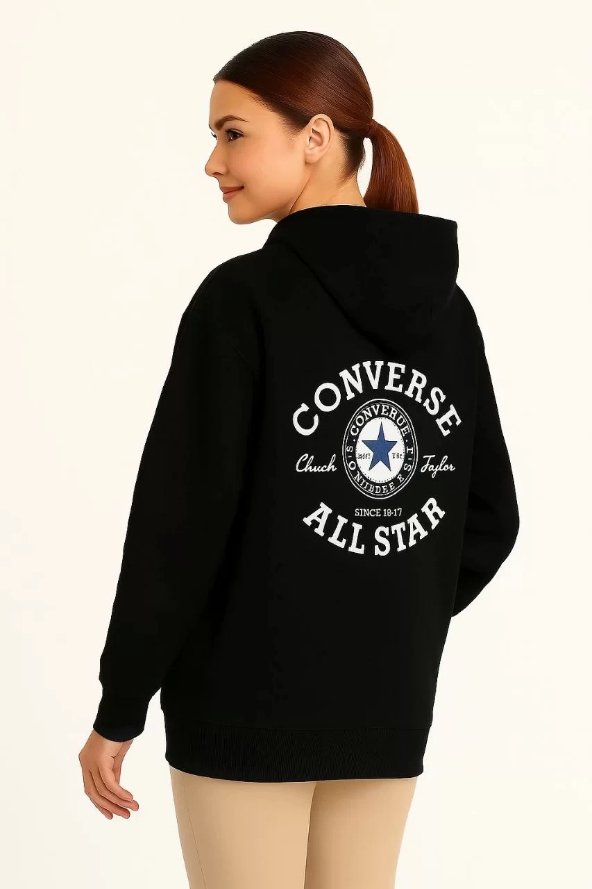 Üç İplik Kapşonlu ön ve Arka Baskılı SweatShirt hoodie- Siyah