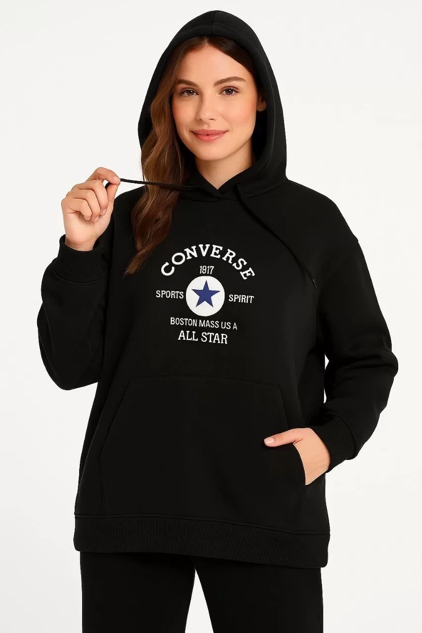 Üç İplik Kapşonlu ön ve Arka Baskılı SweatShirt hoodie- Siyah