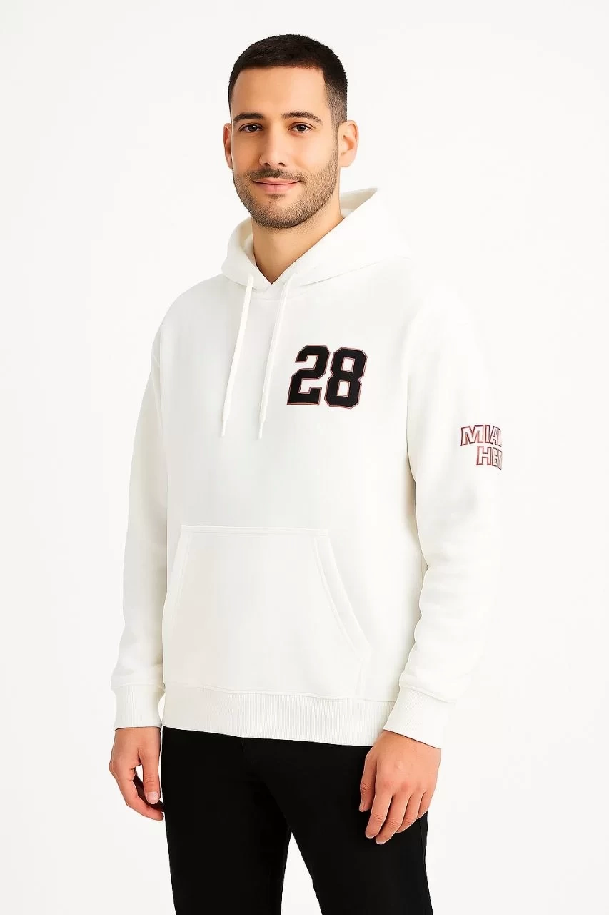 Üç İplik Kapüşonlu Ön ve Arka Baskılı SweatShirt hoodie - Beyaz
