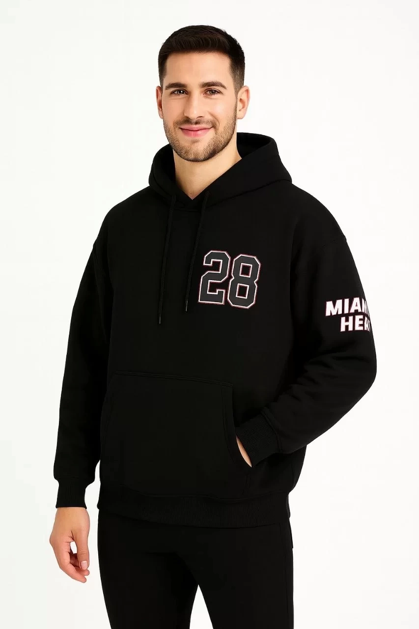 Üç İplik Kapüşonlu Ön ve Arka Baskılı SweatShirt hoodie - Siyah