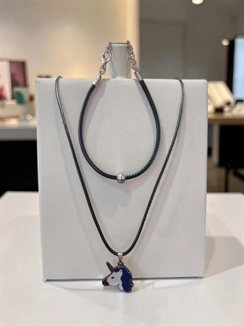 Unicorn Figürlü Siyah İpli Kolye ve Bileklik İkili Set
