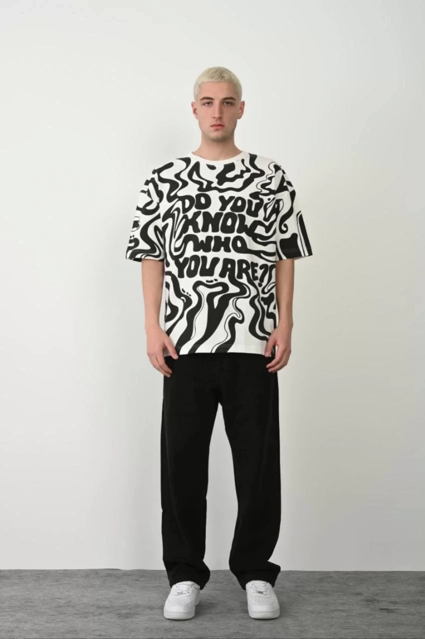 Unisex Baskılı Bisiklet Yaka Oversize T-Shirt - Beyaz