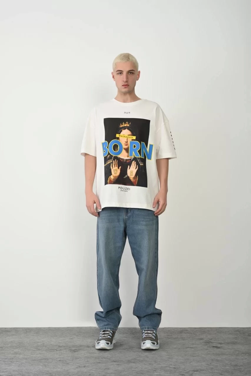Unisex Baskılı Bisiklet Yaka Oversize T-Shirt - Beyaz