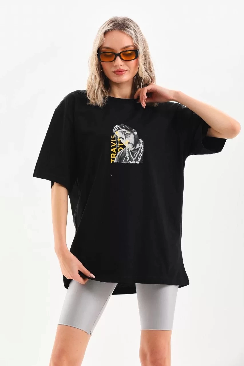Unisex Baskılı Oversize T-Shirt - Siyah