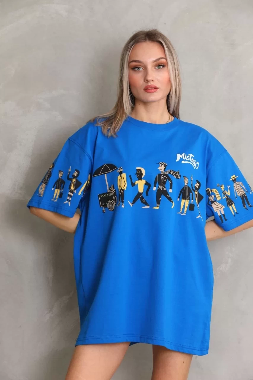 Unisex Bisiklet Yaka Baskılı Oversize T-Shirt - Mavi