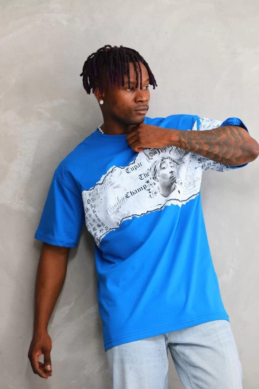Unisex Bisiklet Yaka Baskılı Oversize T-Shirt - Mavi