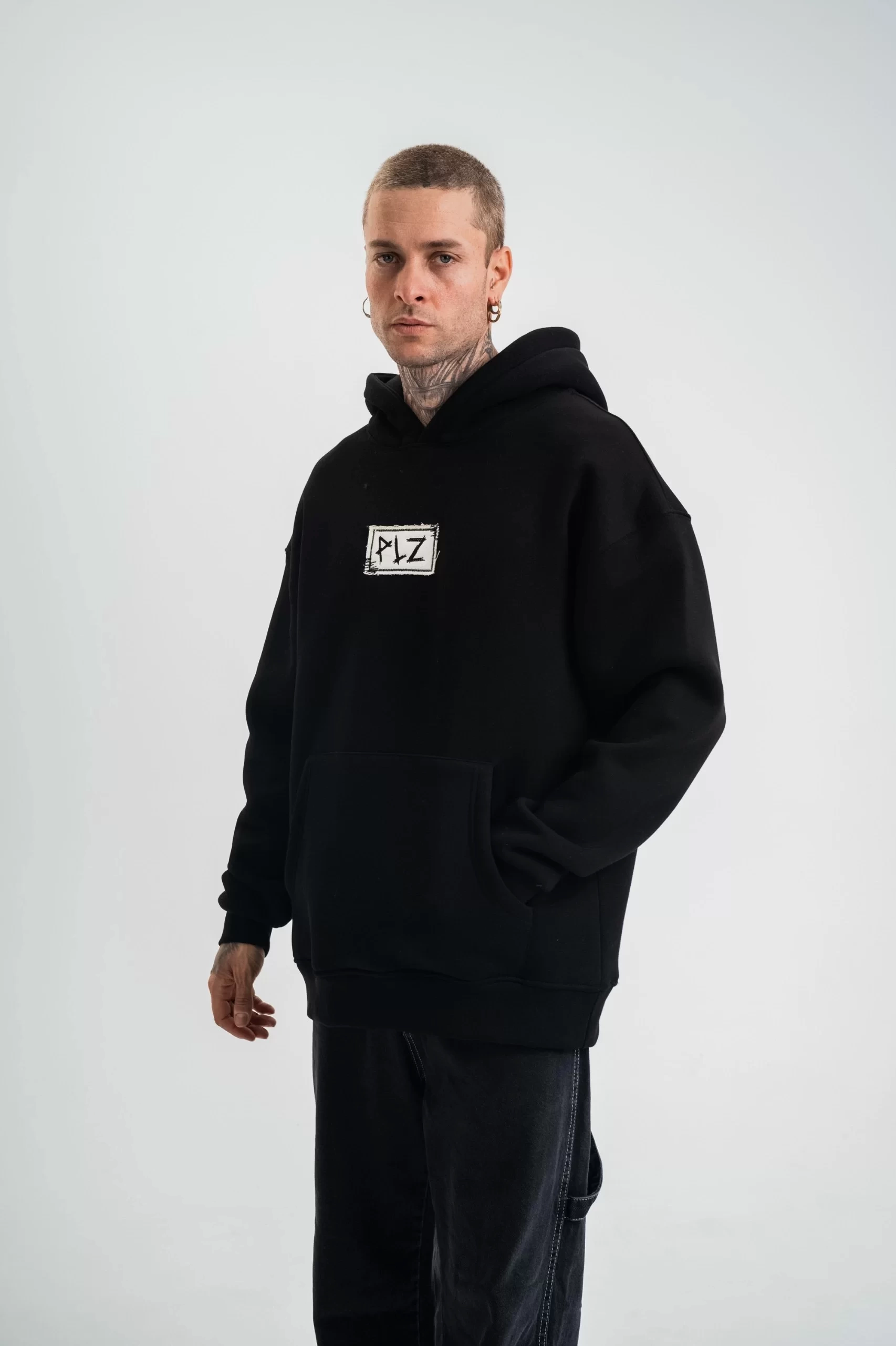 Unisex Kapşonlu Uzun Kol Patchli Nakışlı SweatShirt - Siyah