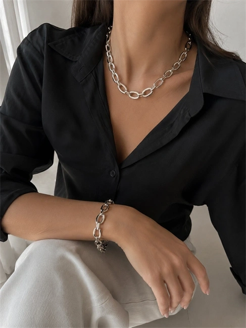 Unisex Oval Halkalı Zincir 2li Kolye Bileklik Seti