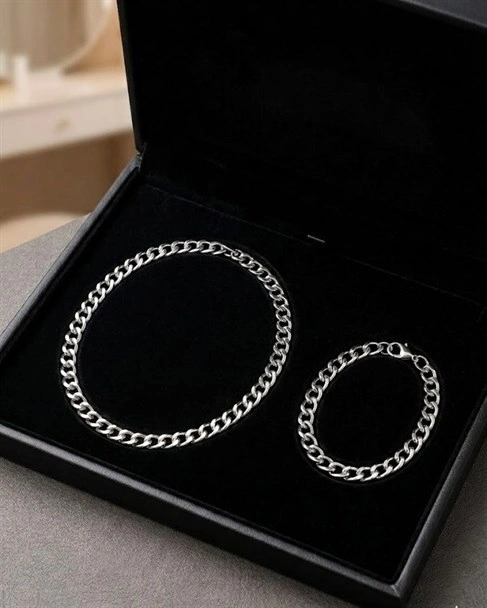 Unisex Zincir 2li Kolye Bileklik Seti