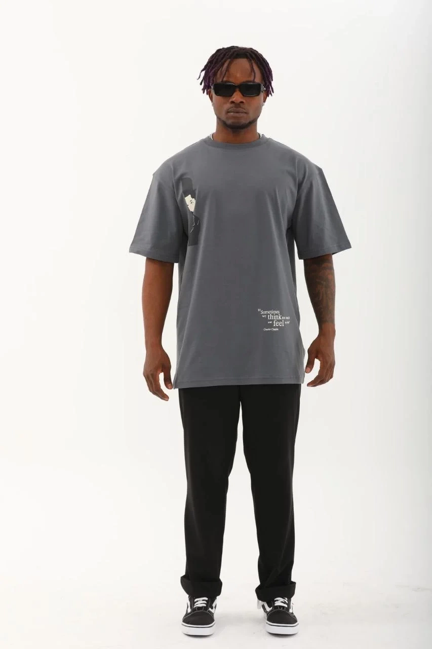 Unisex Oversize Baskılı Bisiklet Yaka T-Shirt - Füme