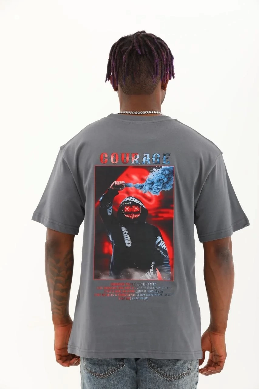 Unisex Oversize Baskılı Bisiklet Yaka T-Shirt - Füme