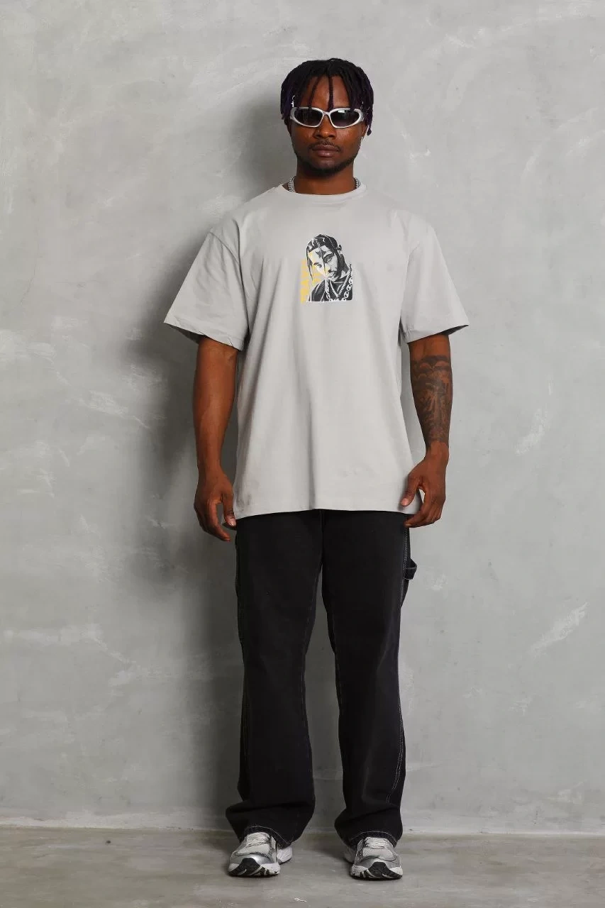Unisex Oversize Baskılı Bisiklet Yaka T-Shirt - Gri