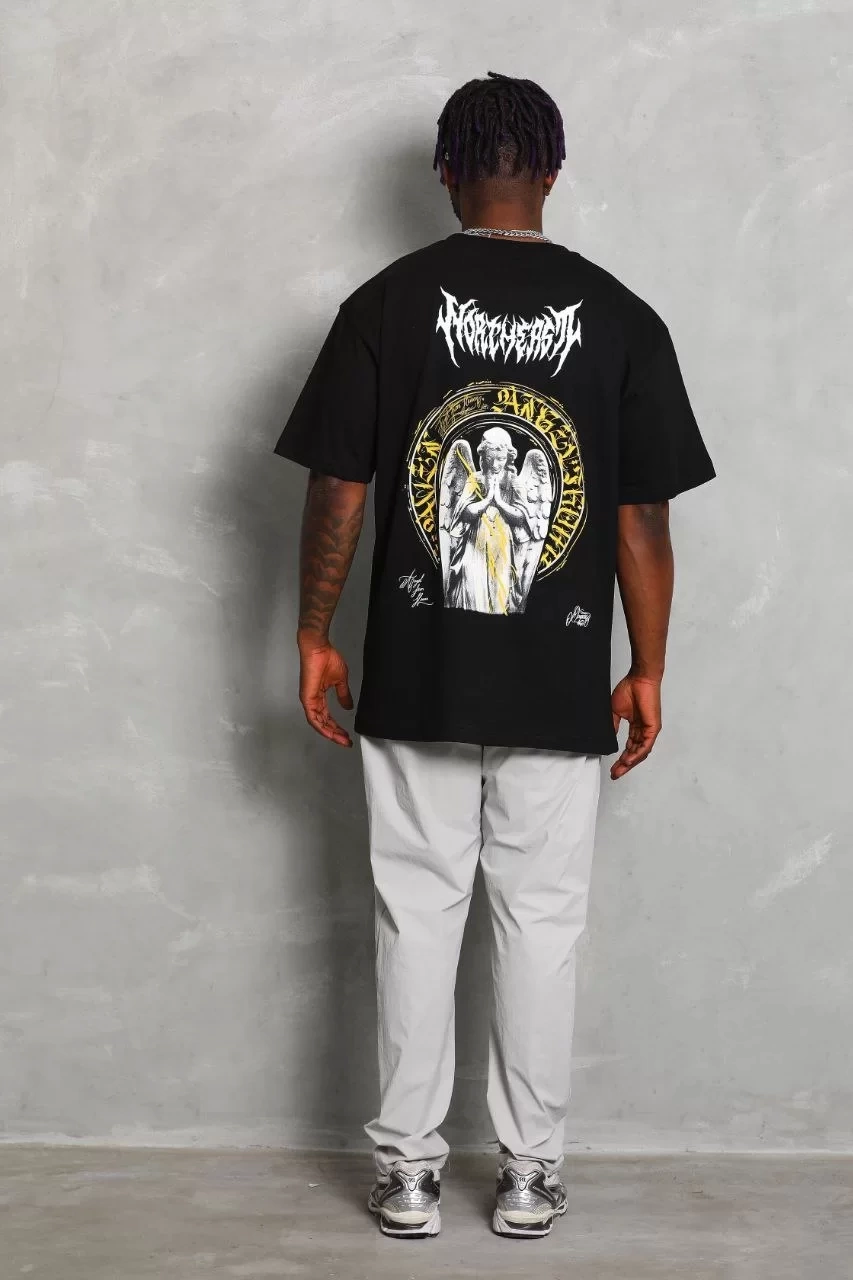 Unisex Oversize Baskılı Bisiklet Yaka T-Shirt - Siyah