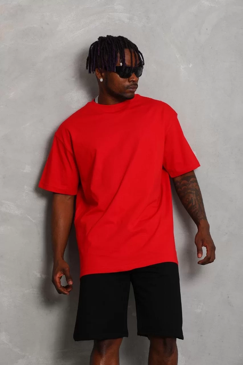 Unisex Oversize Düz Bisiklet Yaka T-Shirt - Kırmızı