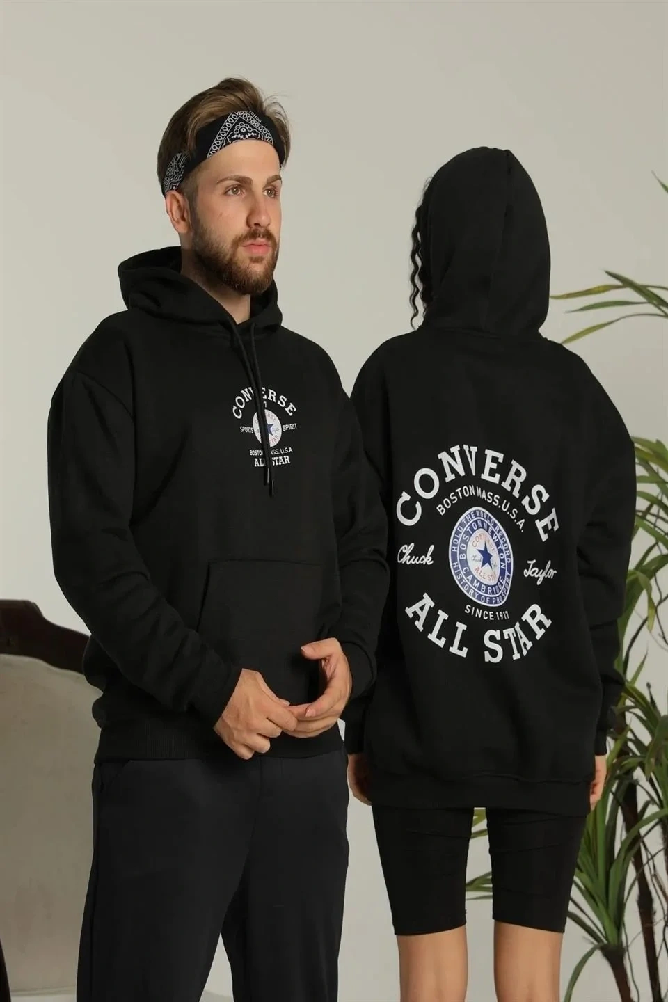 Unisex Oversize Üç İplik Şardonlu Kapüşonlu Sweatshirt – All Star Ön ve Arka Baskılı, Kanguru Cepli, Rahat Kalıp Kışlık Model - Siyah