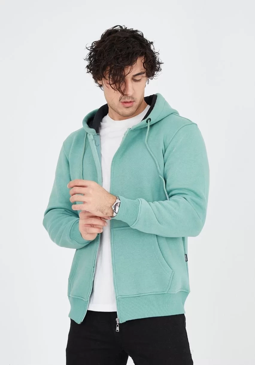 Unisex Tam Fermuarlı Kapşonlu  Hırka - Mint Yeşili