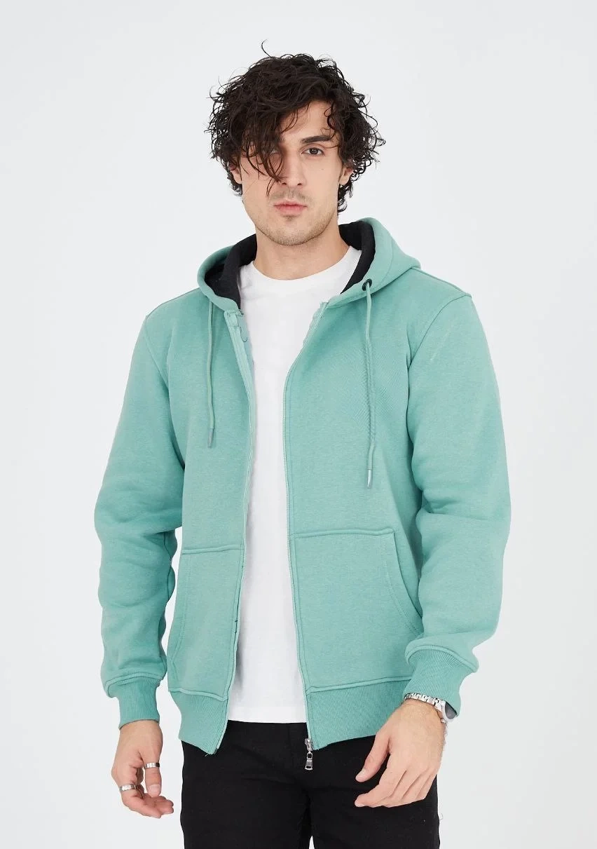 Unisex Tam Fermuarlı Kapşonlu  Hırka - Mint Yeşili