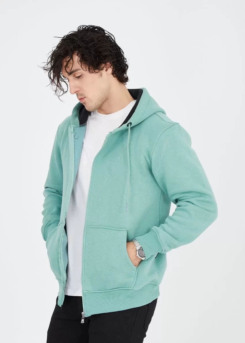Unisex Tam Fermuarlı Kapşonlu  Hırka - Mint Yeşili