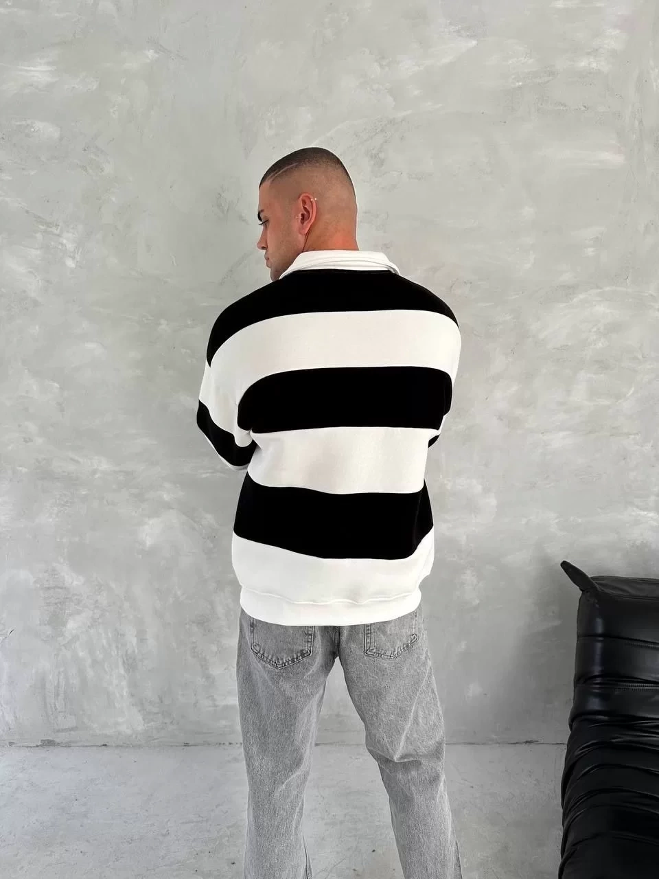 Unisex Üç İplik Parçalı Yakalı SweatShirt - Siyah