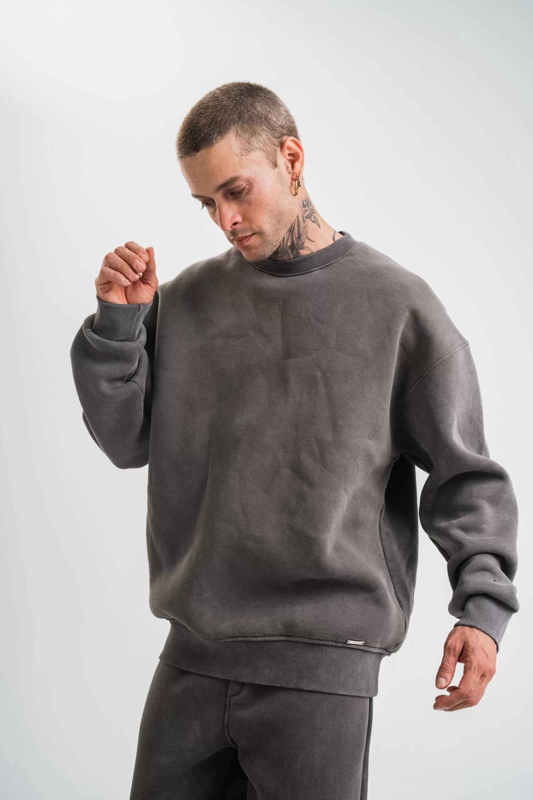 Unisex Uzun Kol Bisiklet Yaka Yıkamalı SweatShirt - Füme