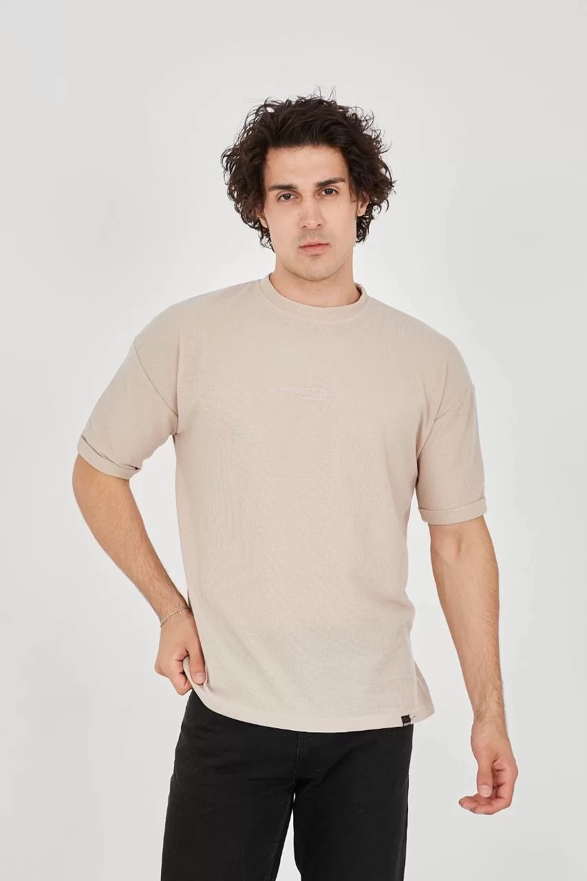 Unisex Waffle Kumaş Rahat Kol T-Shirt - Bej