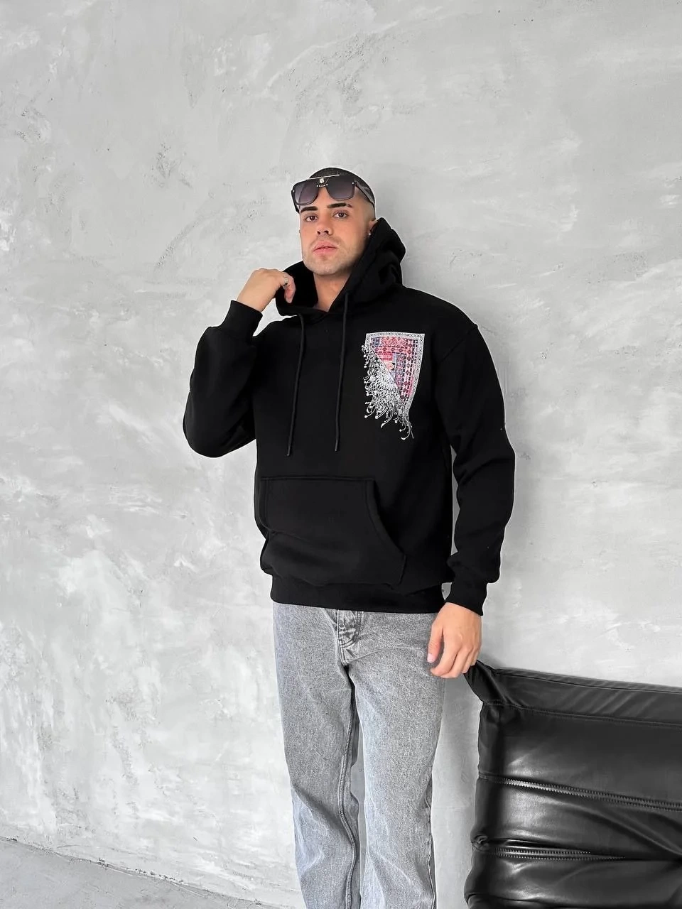 Uzun Kol Kapüşonlu Ön Ve Arka Baskılı SweatShirt - Siyah