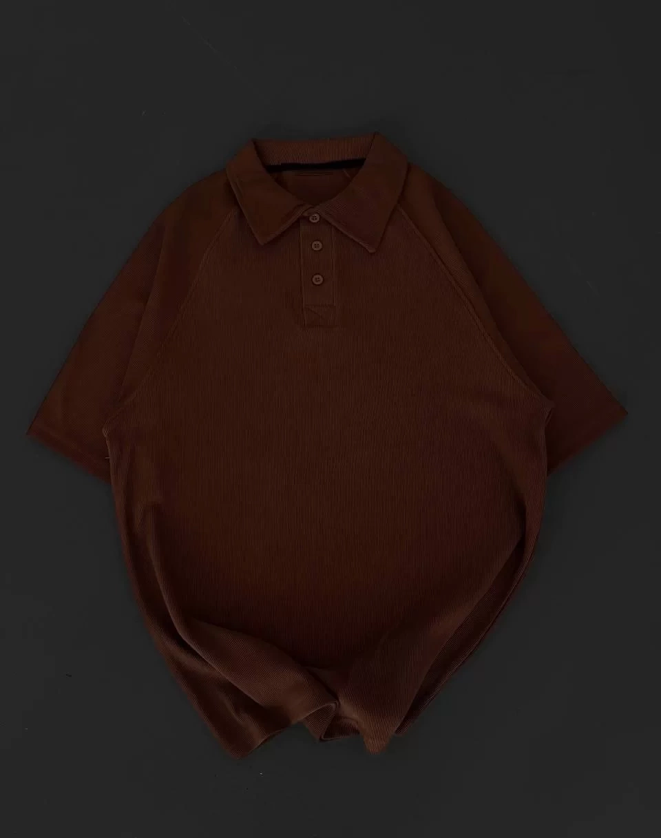 Yakalı Patlı Kısa Kol T-shirt - Kahverengi